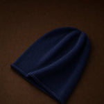 Oslo Cashmere Knit Beanie — Navy Blue, studio product shot