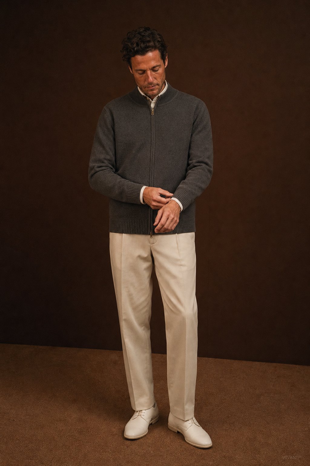 Warwick Zip Cardigan — Charcoal, br_espresso product shot
