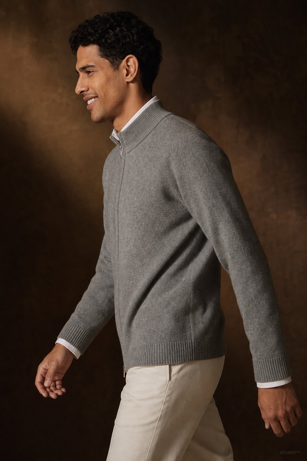 Warwick Zip Cardigan — Grey, br_espresso product shot