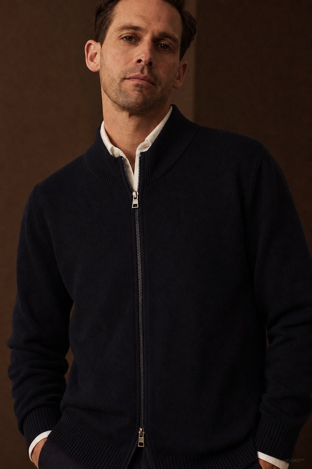 Warwick Zip Cardigan — Navy, br_espresso product shot