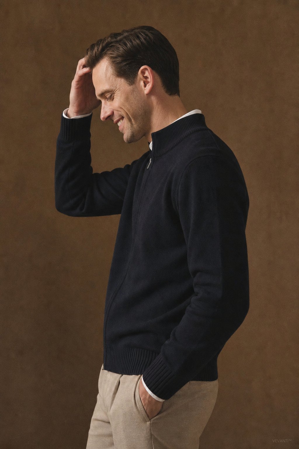 Warwick Zip Cardigan — Navy, br_espresso product shot