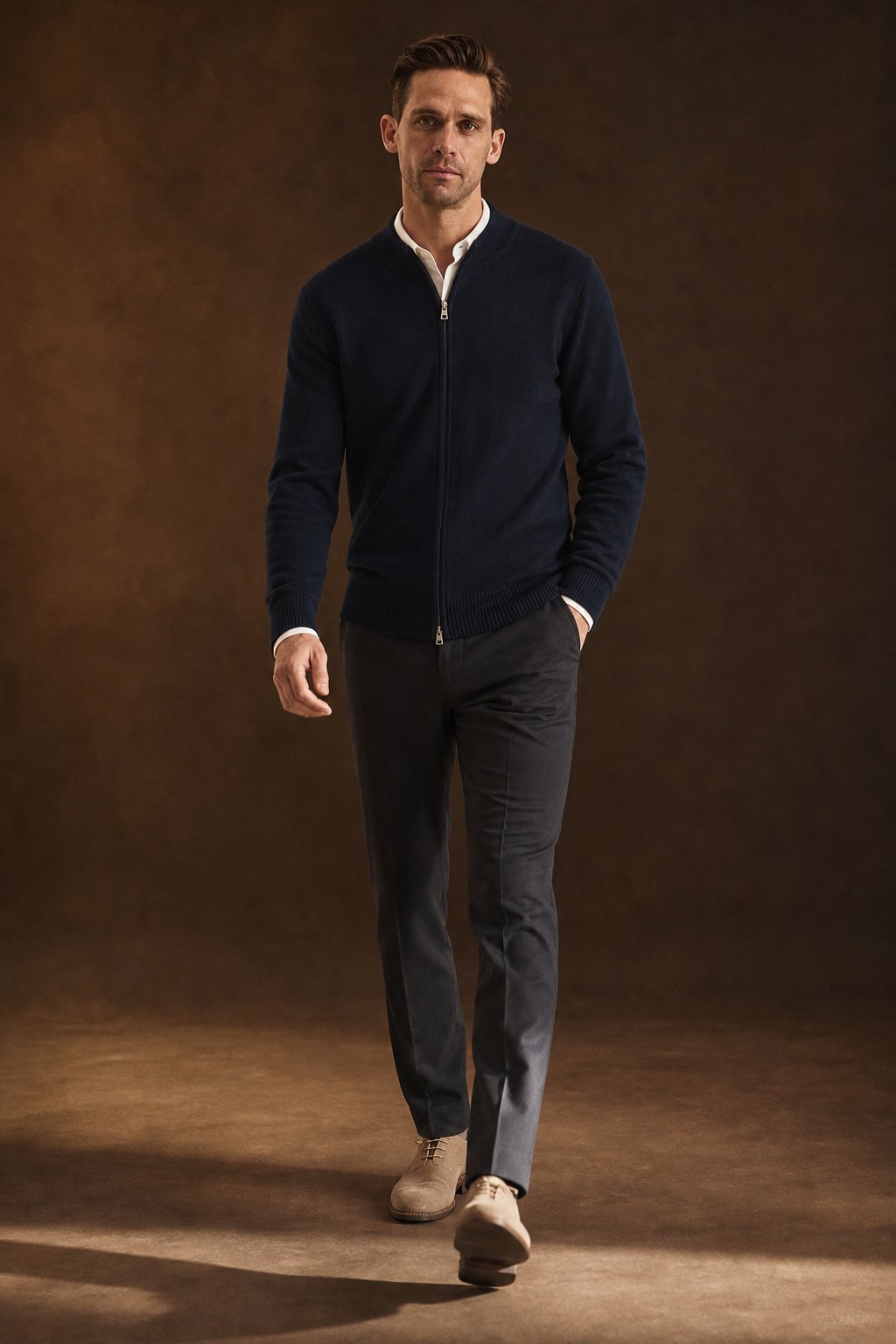 Warwick Zip Cardigan — Navy, br_espresso product shot