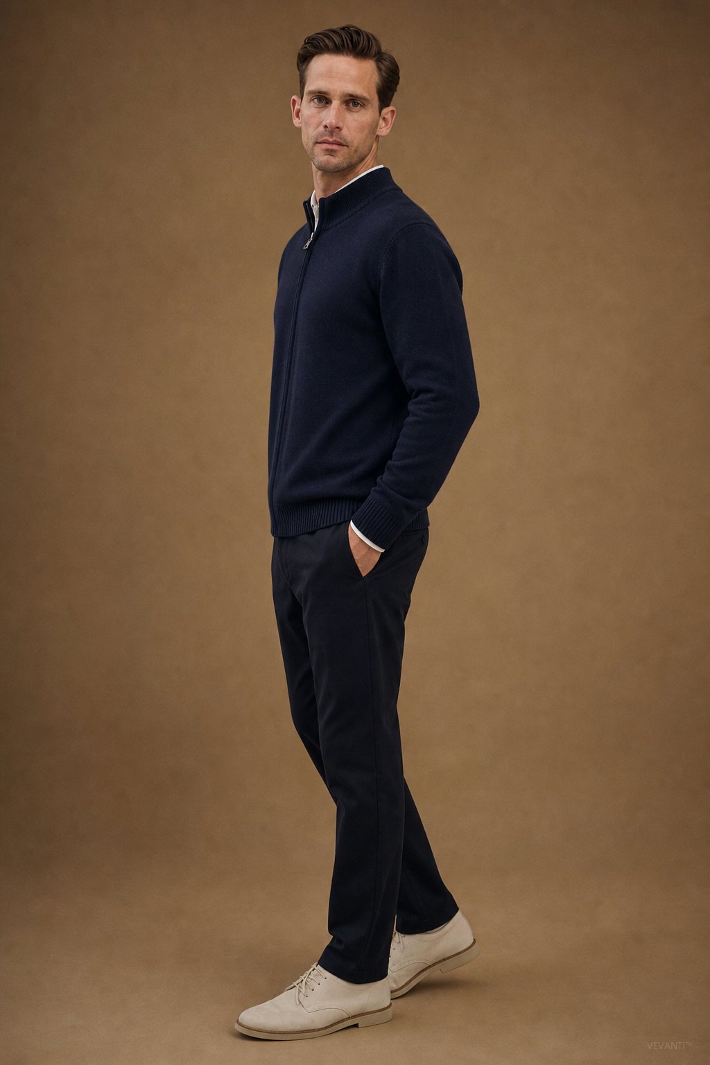 Warwick Zip Cardigan — Navy, br_espresso product shot