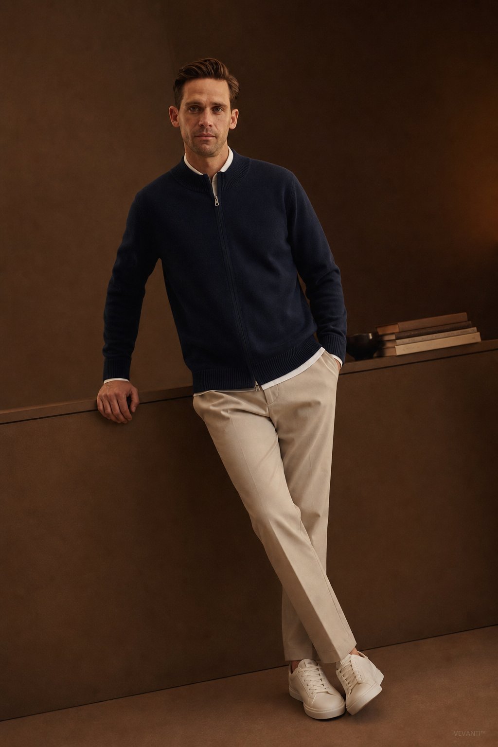 Warwick Zip Cardigan — Navy, br_espresso product shot