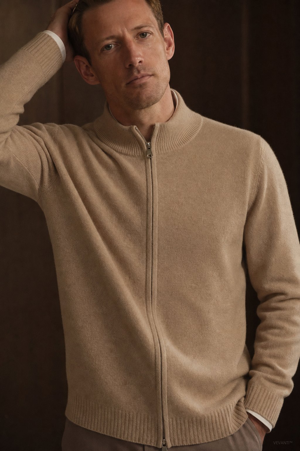 Warwick Zip Cardigan — Camel, br_espresso product shot