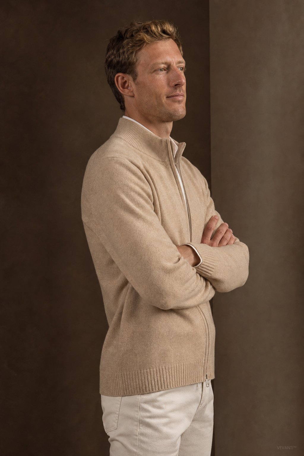 Warwick Zip Cardigan — Camel, br_espresso product shot