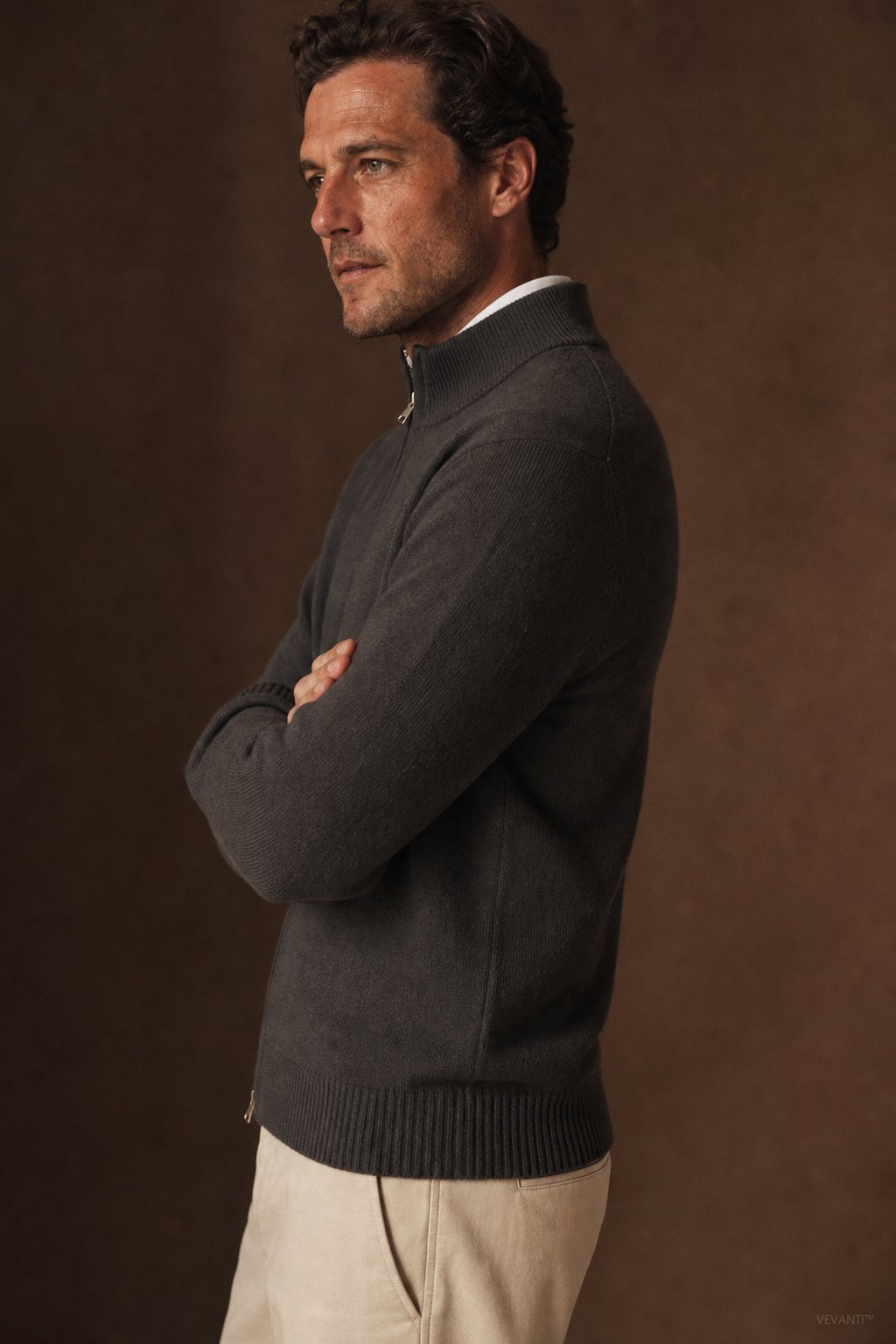 Warwick Zip Cardigan — Charcoal, br_espresso product shot