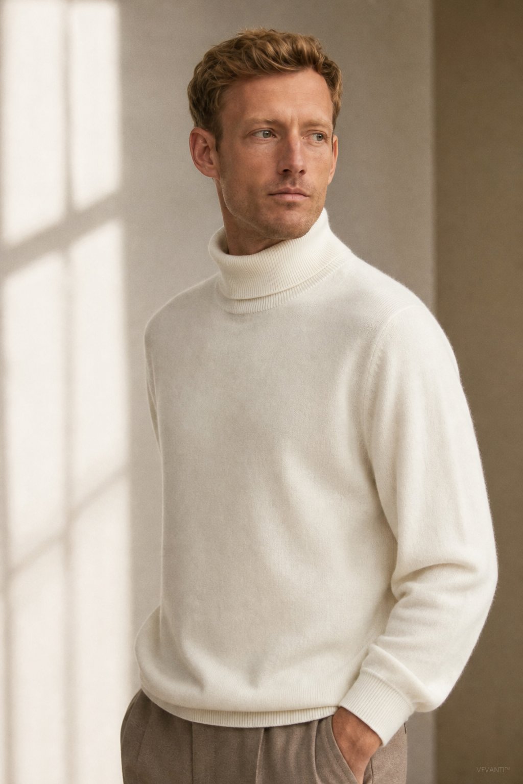 Wellington 100% Cashmere Turtleneck Sweater — White, studio product shot